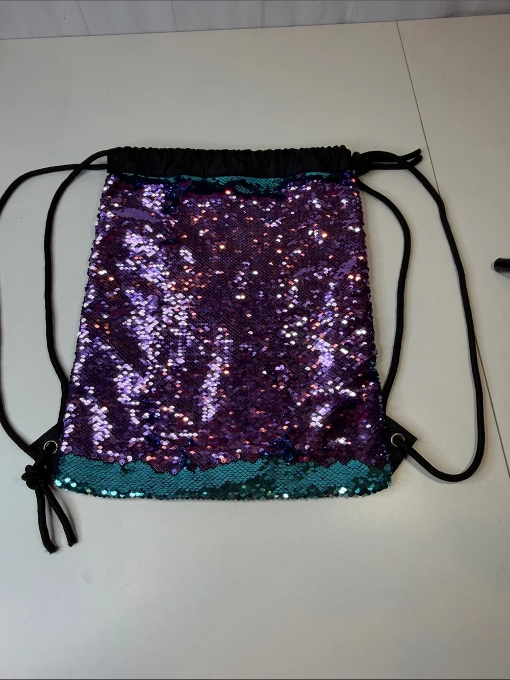 Reversible Sequin Drawstring Backpack Bag Teal Purple Mermaid Sparkle